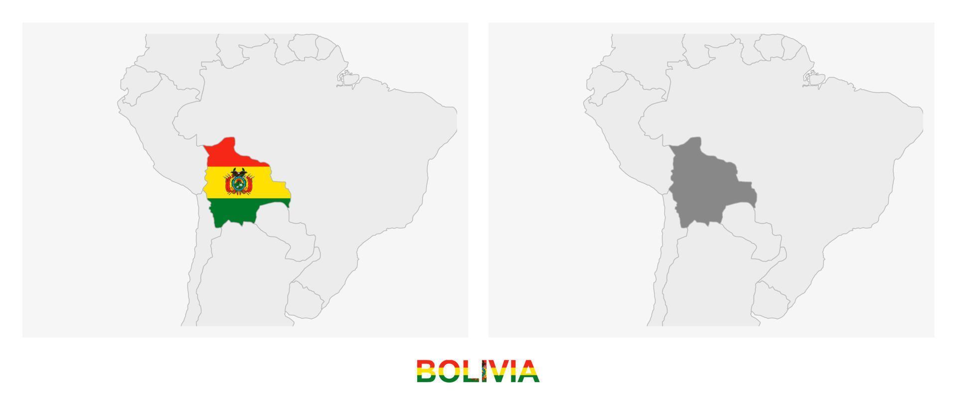 dos versiones del mapa de bolivia, con la bandera de bolivia y resaltada en gris oscuro. vector