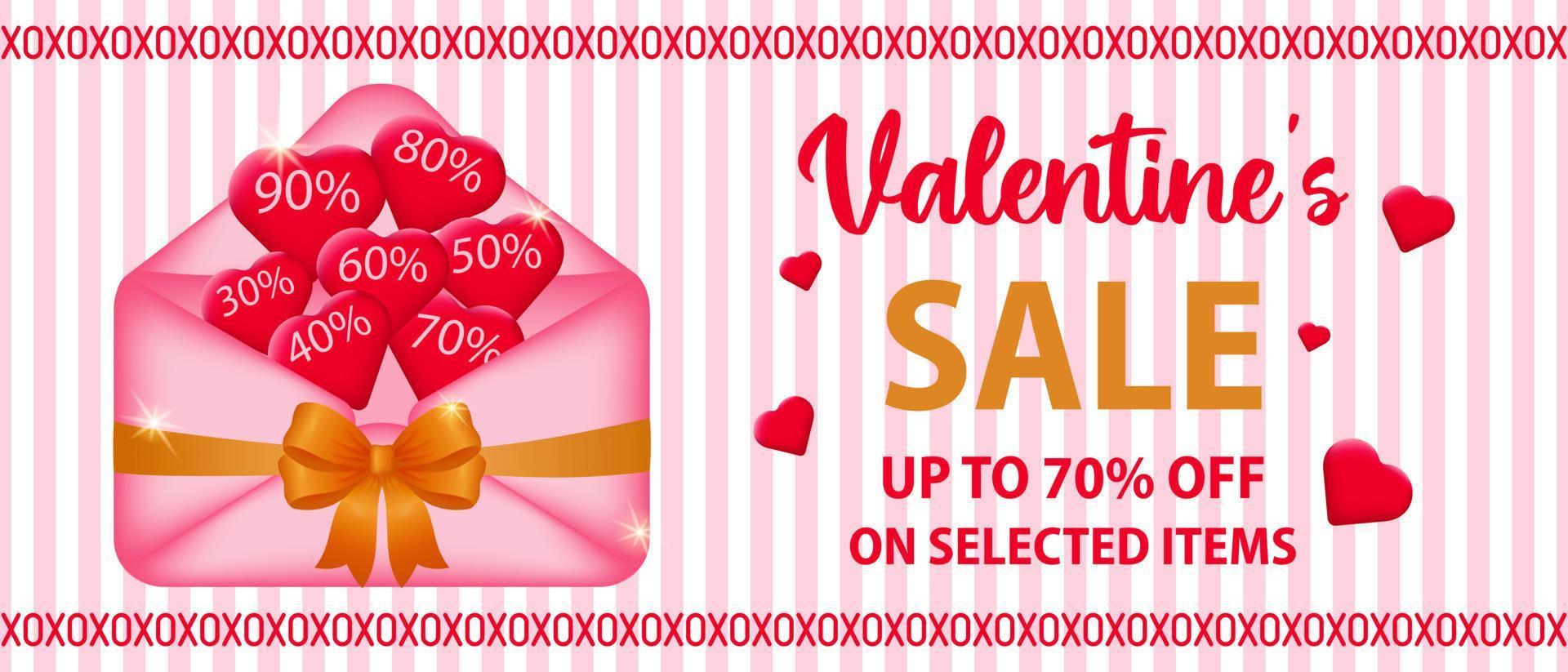 Valentines Day sale template. Banner with an envelope and hearts inside with discounts. The concept of promoting purchases and discounts on selected items. Vector illustration.