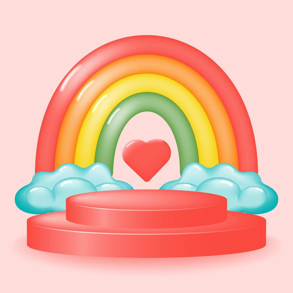 Pink podium with a rainbow and clouds on a pink background. Cartoon colorful podium for product promotion. Vector illustration.