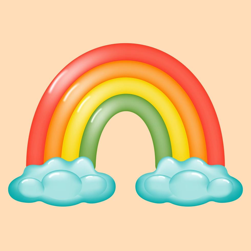 Cartoon bright rainbow with clouds. Colorful cute rainbow with clouds 3d. The concept of kids wall decor. Vector illustration.