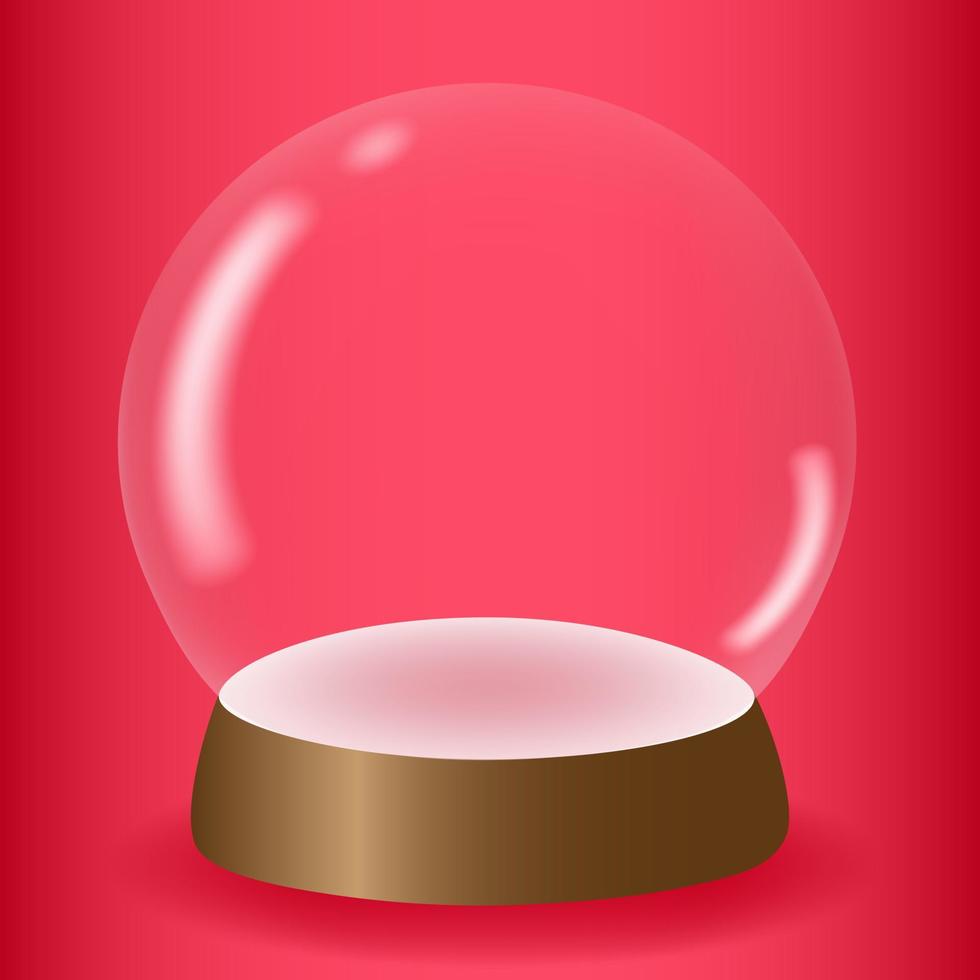 Transparent snow globe 3D on a pink background. White podium under a glass dome for product promotion. Design element for various holidays. Vector illustration.