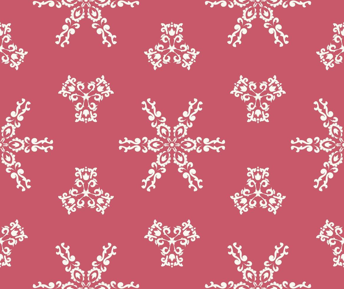 Christmas background. White snowflakes on a pink background. White ornament seamless pattern on pink. Damask patterns. Vector graphic. For fabric, tile, wallpaper or packaging.