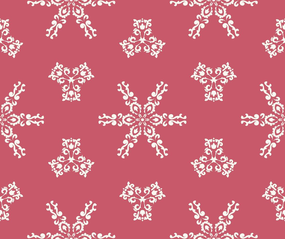 fondo de navidad. copos de nieve blancos sobre un fondo rosa. ornamento blanco de patrones sin fisuras en rosa. patrones de damasco. gráfico vectorial. para tela, azulejo, papel pintado o embalaje. vector