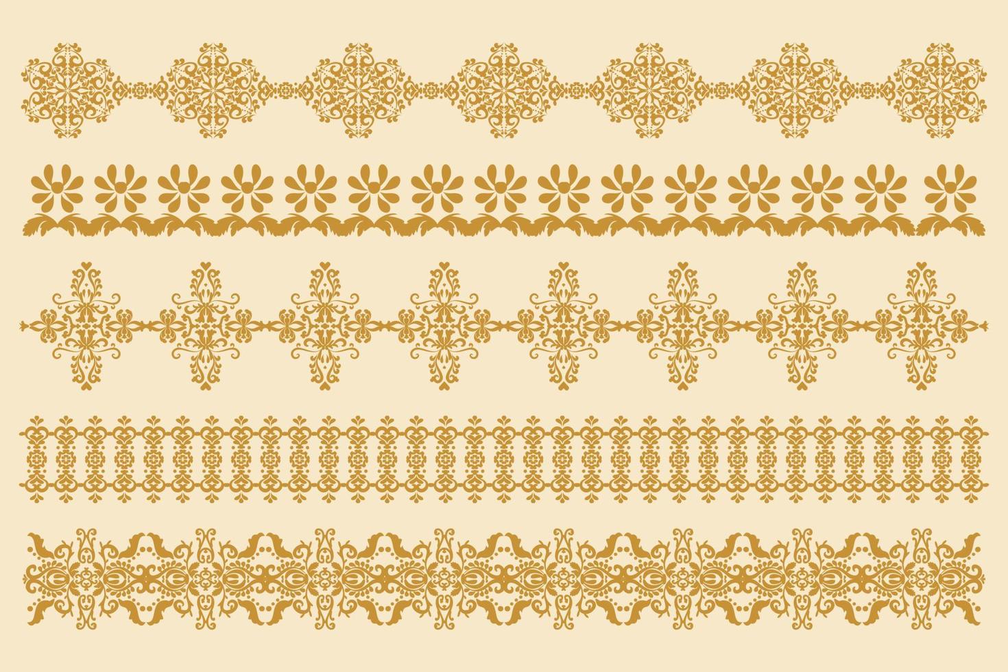 Set of horizontal ornaments in old style. Damask border patterns for decoration. Vector design element. Computer graphics.