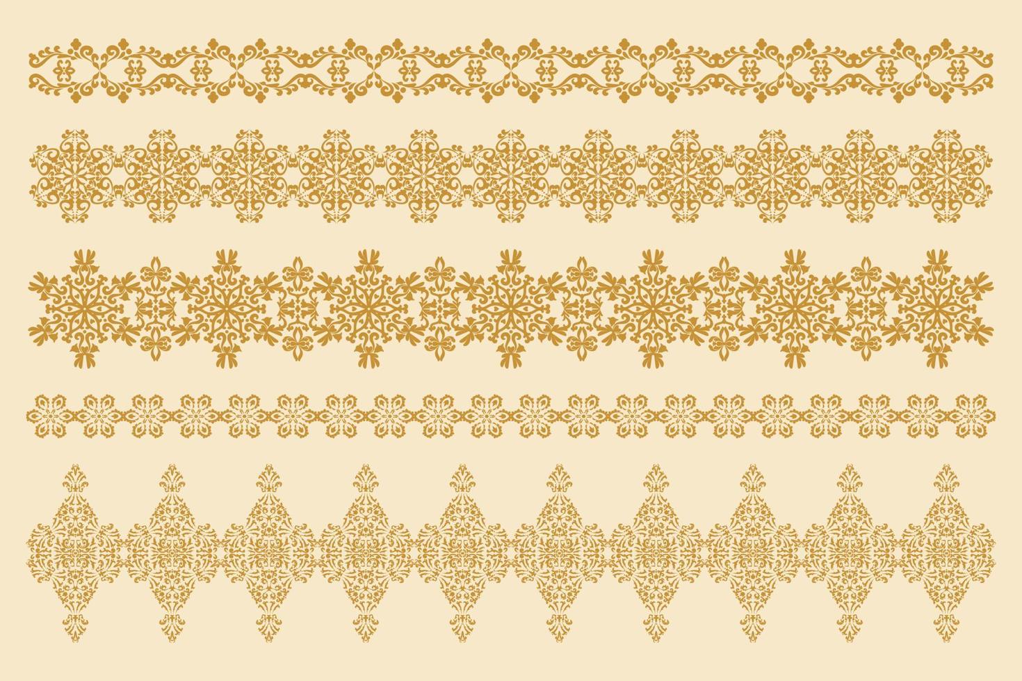 A collection of five horizontal decorative ornaments. Set of patterned borders in antique style. Vector design element. Computer graphics.
