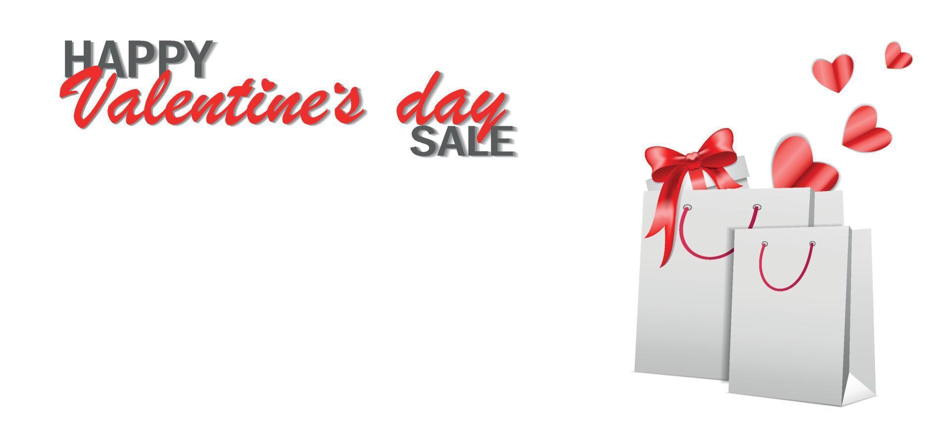 bolsas de regalo para comprar en un fondo blanco, con una caja de regalo y corazones rojos, una pancarta conceptual con la inscripción día de san valentín, venta, compras vector