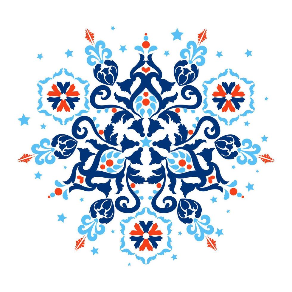 Classic vintage motif with floral elements. Arabesque ornament. Blue, red, white colors. Decorative tiles with ornaments. Vector illustration.