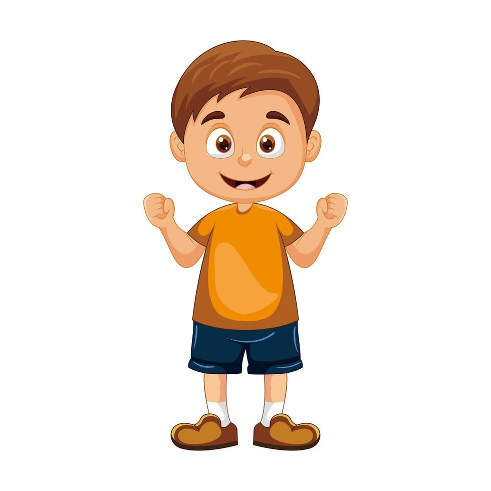 Vector cartoon happy little boy smiling while raising his hands