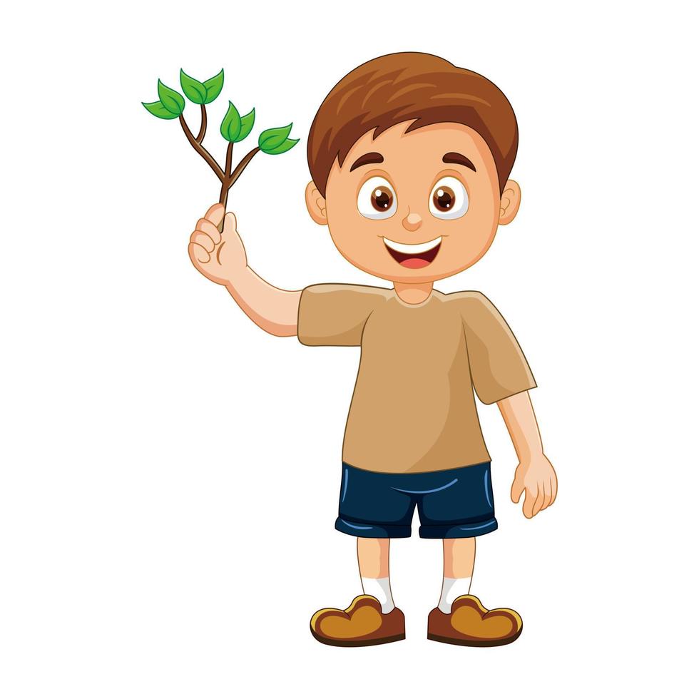 niño pequeño de dibujos animados vector sosteniendo una rama de árbol