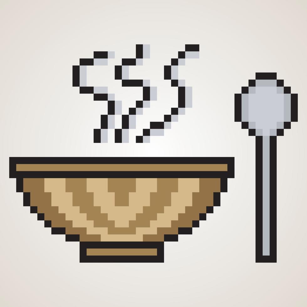 Hot soup with spoon in pixel art. Vector illustration