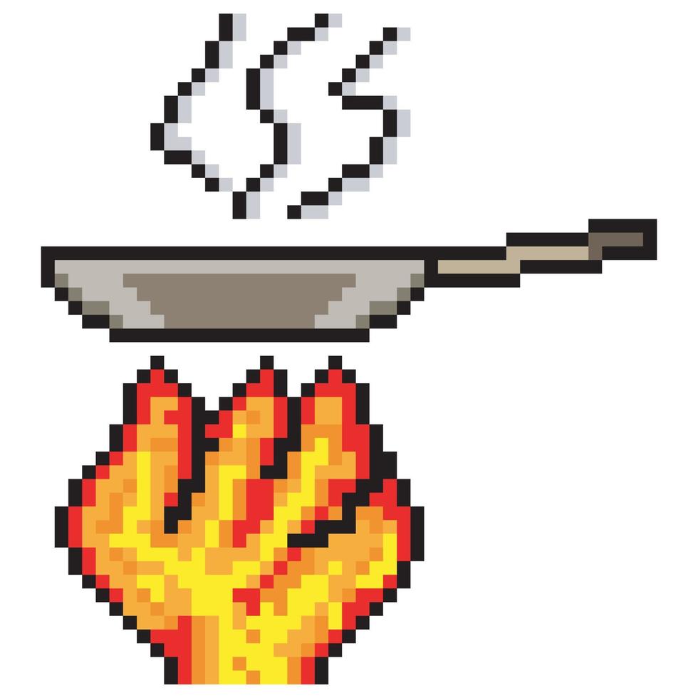 Cooking with pan  on fire pixel art. Vector illustration