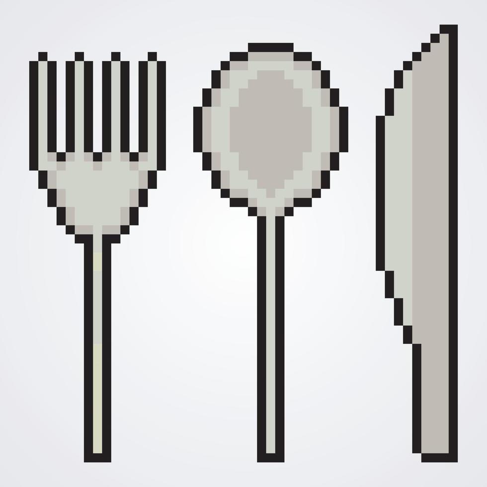 icono de comida de tenedor, cuchara y cuchillo en pixel art. ilustración vectorial vector