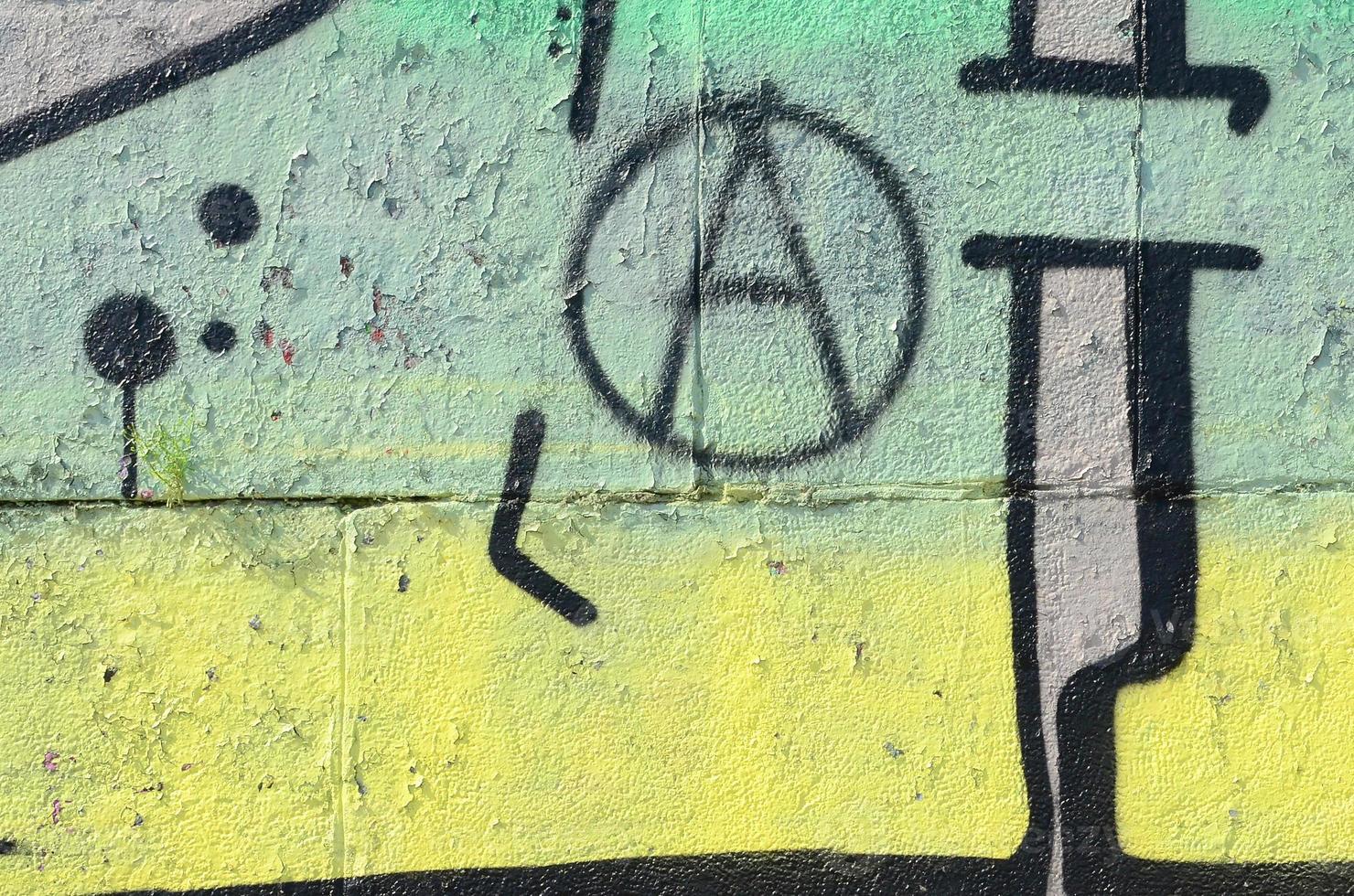 Fragment of graffiti drawings. The old wall decorated with paint stains in the style of street art culture. Colored background texture in green tones photo