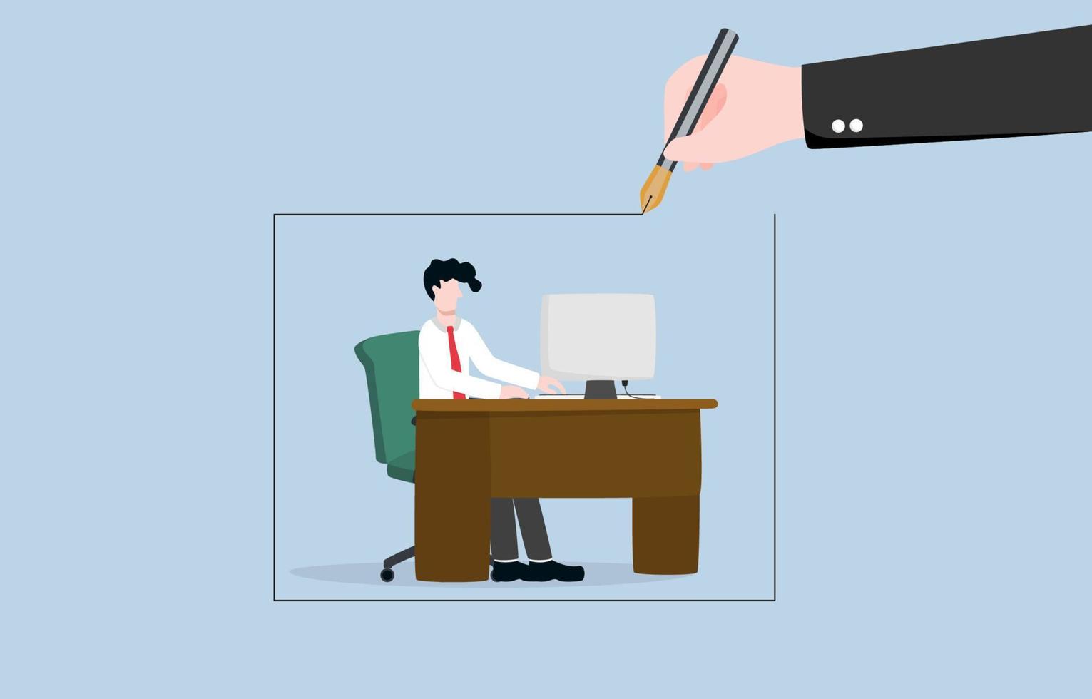 Scope of work, guidance for employee to work within framework, mentorship in workplace concept, Boss hand drawing boundary line around businessman on office desk. vector