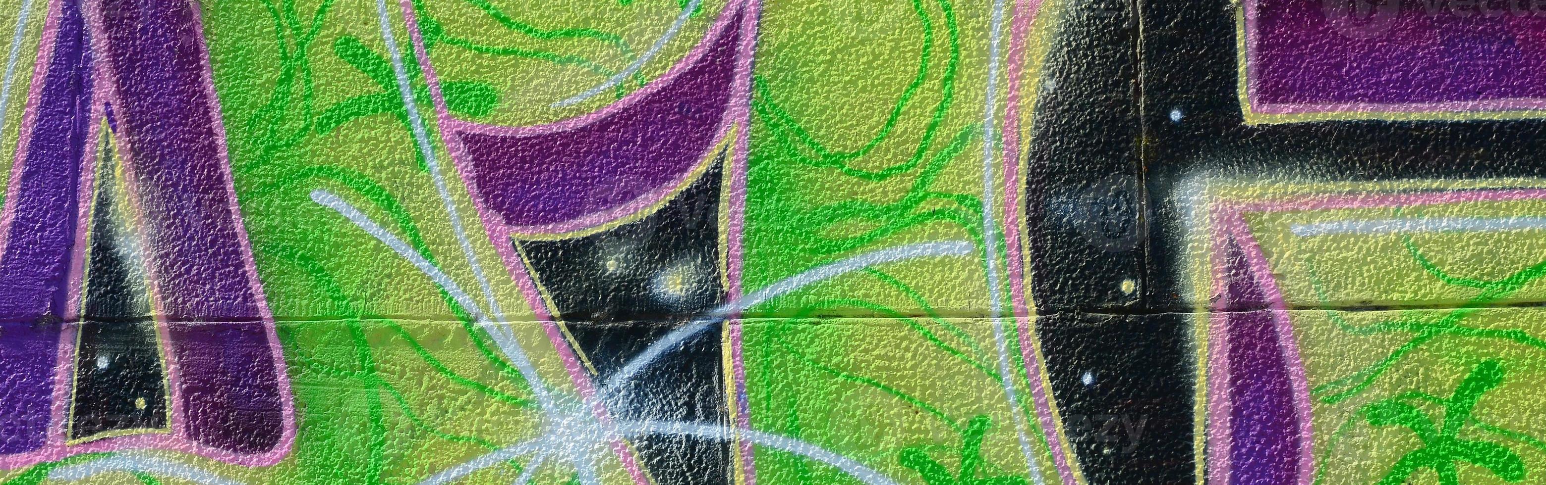 Fragment of graffiti drawings. The old wall decorated with paint stains in the style of street art culture. Colored background texture in green tones photo