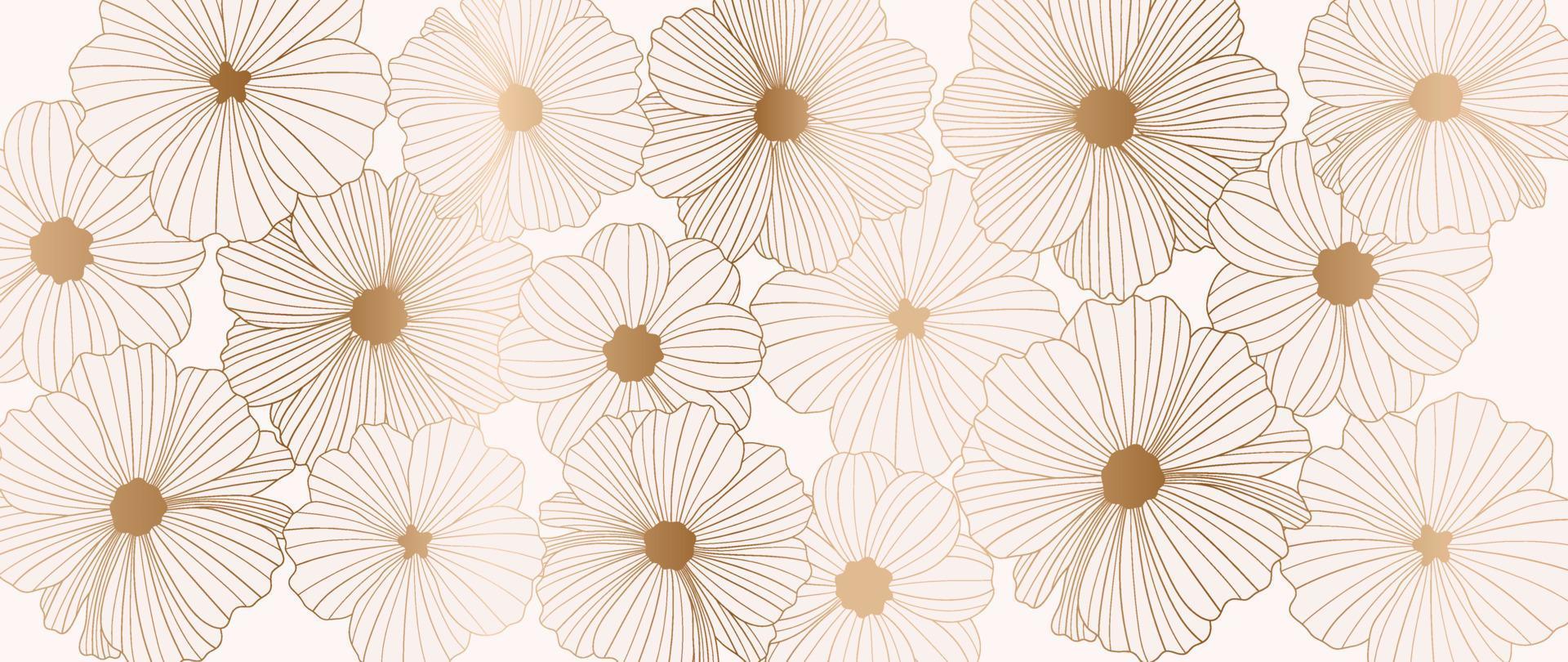 Luxury floral golden line art wallpaper. Elegant blooming beautiful flowers pattern background. Design illustration for decorative, card, home decor, website, packaging design, print, cover, banner. vector