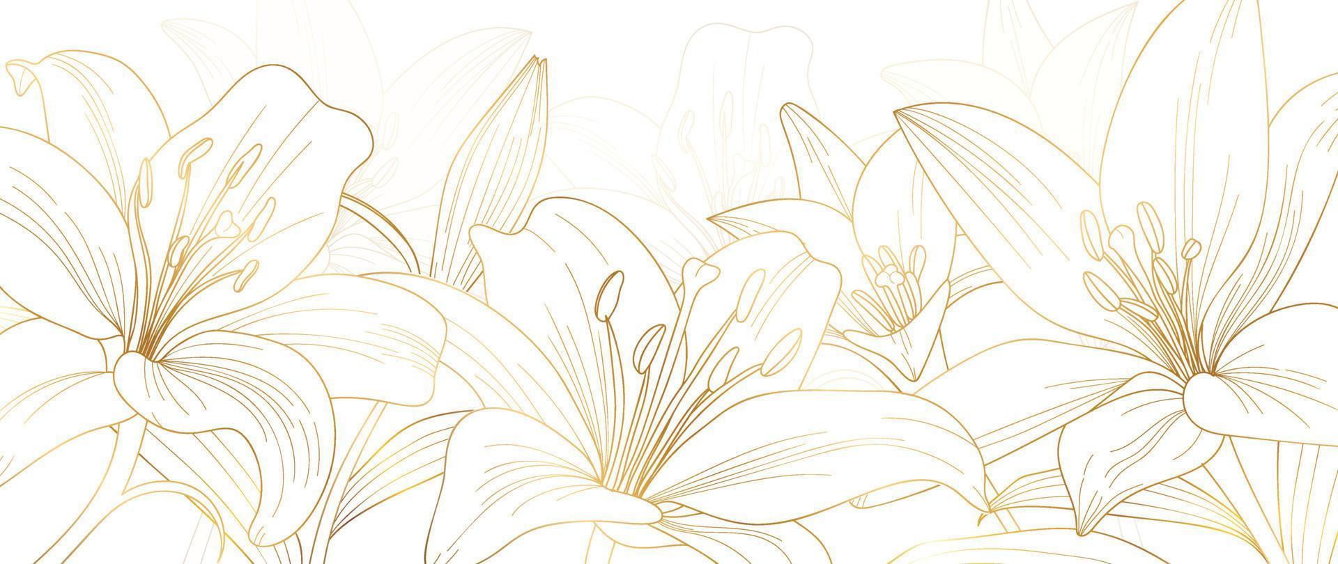 Luxury floral golden line art wallpaper. Elegant gradient gold lily