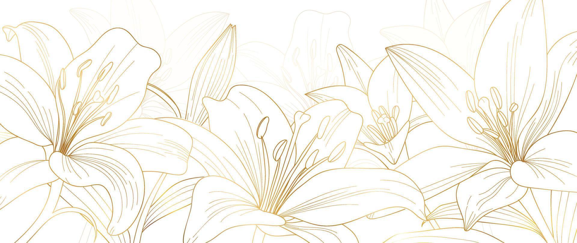 papel tapiz de arte de línea dorada floral de lujo. elegante fondo de patrón de flores de lirio dorado degradado. ilustración de diseño para decoración, tarjeta, decoración del hogar, invitación, embalaje, impresión, portada, banner. vector