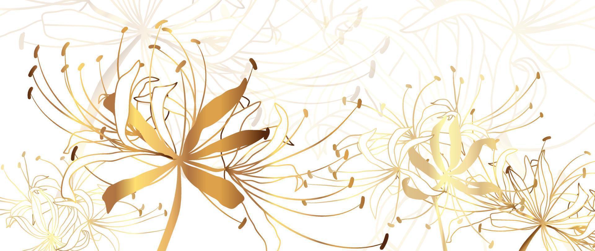 Luxury floral golden line art wallpaper. Elegant gradient gold spider lily flowers pattern background. Design illustration for decorative, card, home decor, website, packaging, print, cover, banner. vector