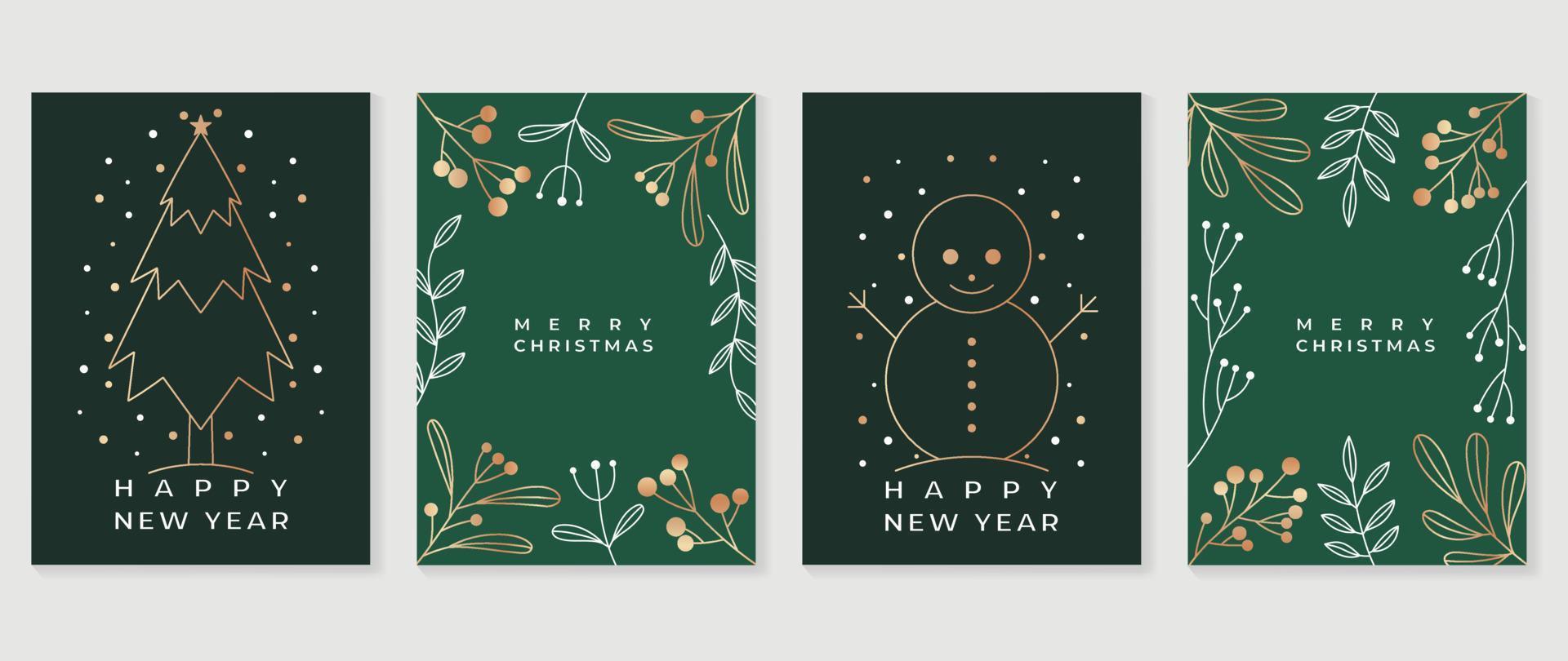 conjunto de vector de tarjeta de vacaciones de navidad y feliz año nuevo. arte de línea de elemento elegante de árbol de navidad dorado, nieve, ramas de hojas de invierno y muñeco de nieve. ilustración de diseño para portada, pancarta, tarjeta, afiche.