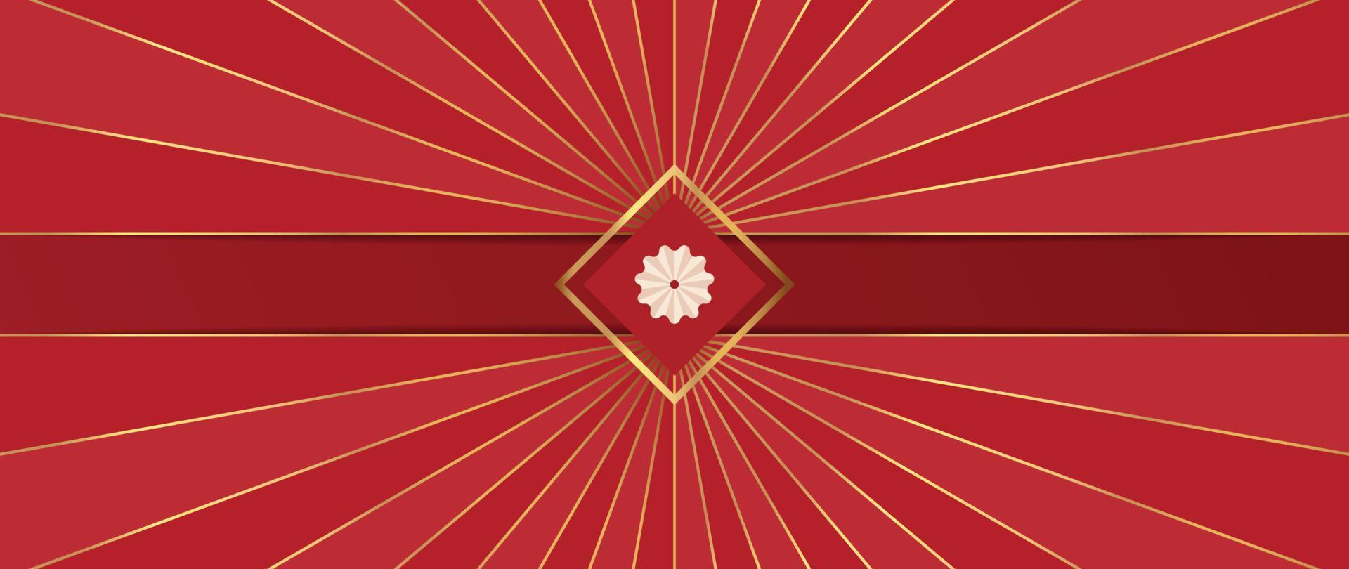 vector de fondo de lujo chino. elegante estilo oriental decorativo de símbolo de flor y forma geométrica con línea de rayos dorados degradados sobre fondo rojo. ilustración de diseño para papel tapiz, tarjeta, afiche.