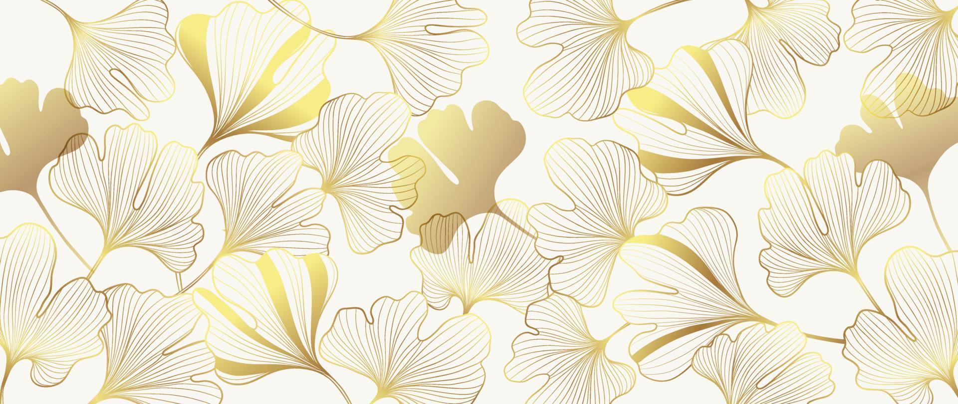 papel tapiz de arte de línea dorada floral de lujo. elegante fondo de patrón de hojas de ginkgo dorado degradado. ilustración de diseño para tarjeta de boda, decoración del hogar, invitación, impresión, afiche, embalaje, portada, pancarta. vector