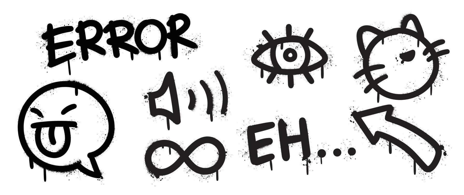 Set of graffiti spray pattern vector illustration. Collection of spray texture teasing emoticon, eye, infinity, arrow, cat, speaker. Elements on white background for banner, decoration, street art.