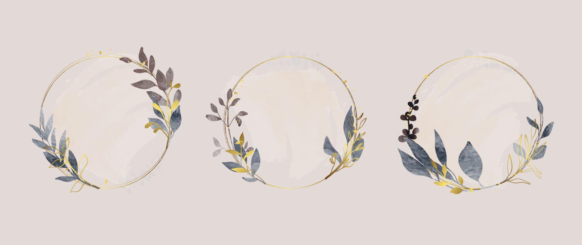 Set of luxury wedding frame element vector illustration. Watercolor and golden leaf branch with circle frame and brush stroke texture. Design suitable for frame, invitation card, poster, banner.