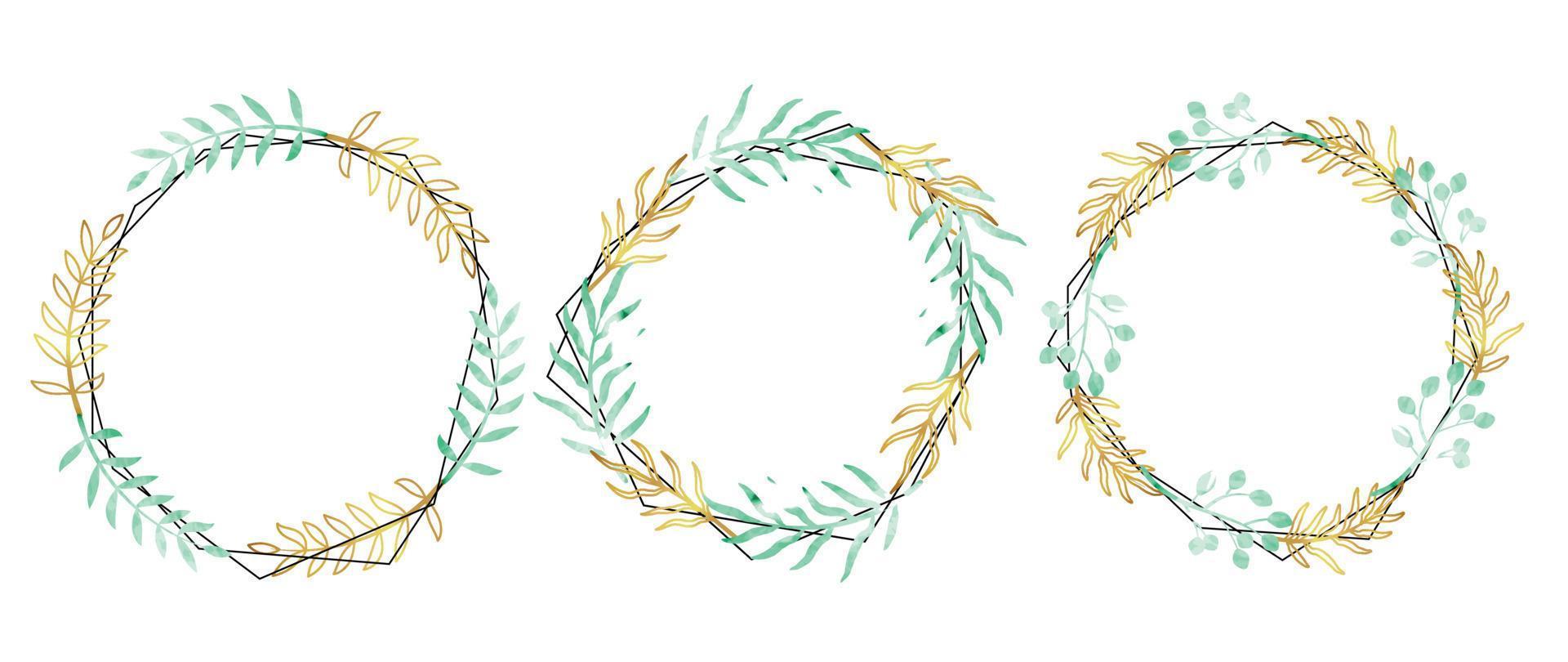 Set of luxury wedding frame element vector illustration. Watercolor and golden botanical leaf branch vine line art on polygonal frame. Design suitable for frame, invitation card, poster, banner.