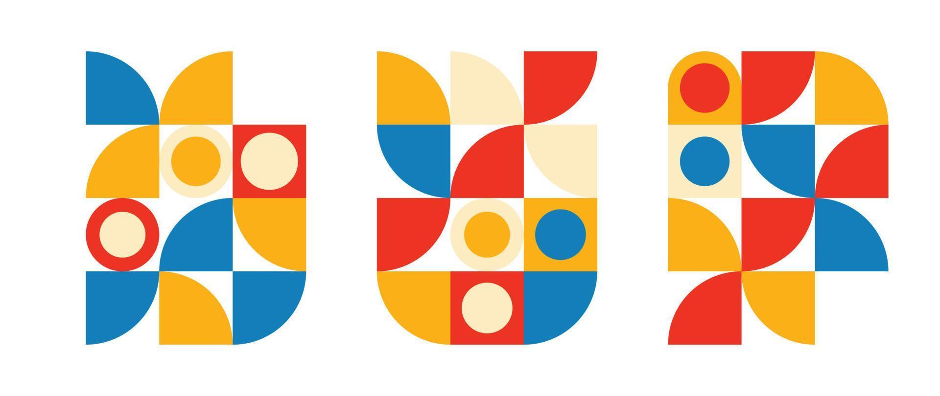 conjunto de elementos de patrón geométrico en estilo de mediados de siglo. colección retro abstracta de coloridos círculos rojos, amarillos, azules y formas cuadradas. diseño moderno para portada, tarjeta de visita, afiche, arte mural. vector