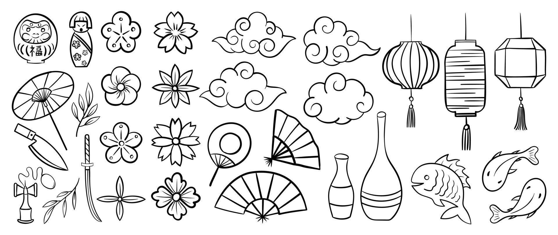 New year element japanese style vector set. Hand drawn doodle collection of Japanese daruma, flowers, clouds, lanterns, kendama toy, katana sword, fish, sake bottle. Design for sticker, stamp, card.