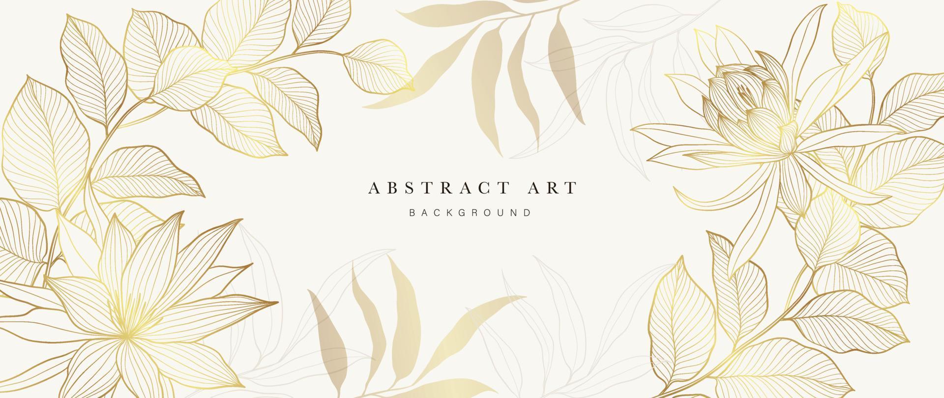 Luxury floral golden line art wallpaper. Elegant gradient gold wildflowers and eucalyptus leaf branch pattern background. Design for wedding card, frame, home decor, invitation, print, cover, banner. vector