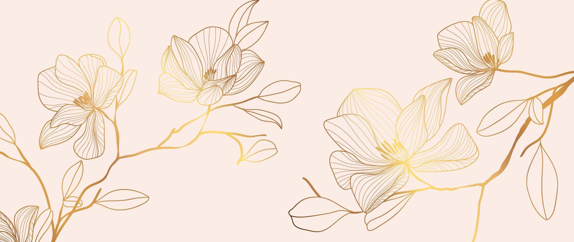 Luxury floral golden line art wallpaper. Elegant gradient gold magnolia flowers pattern background. Design illustration for decorative, card, home decor, invitation, packaging, print, cover, banner. vector