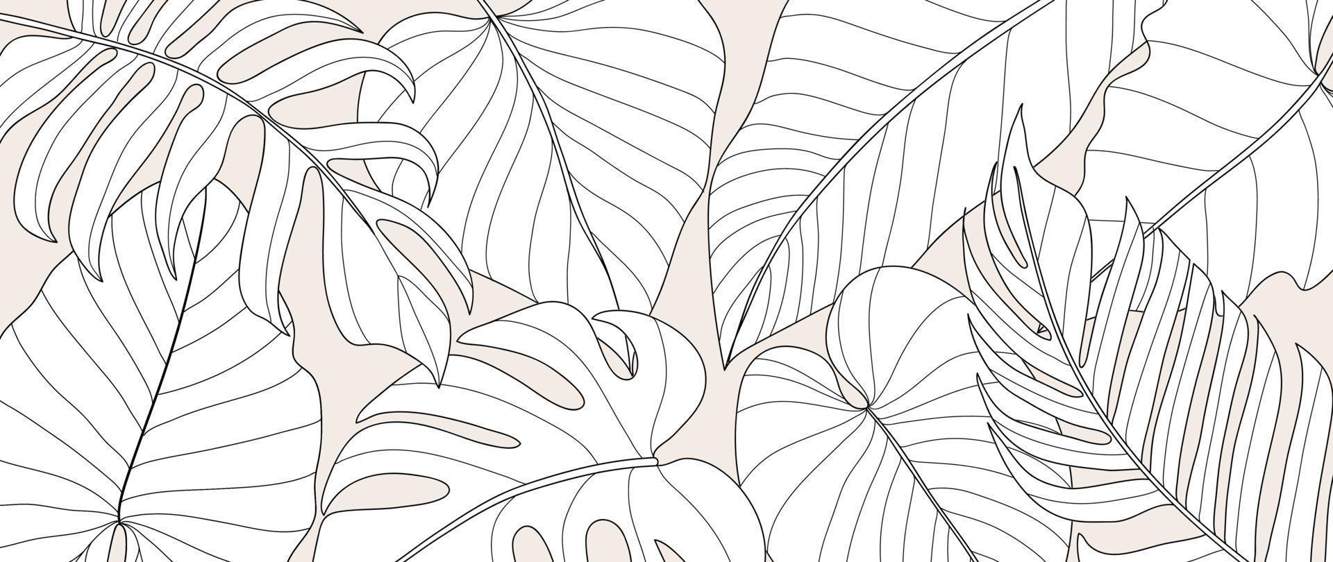 Hand drawn line art leaf branch background vector. Tropical monstera and palm leaves black white drawing contour simple style background. Design illustration for prints, wallpaper, poster, card. vector