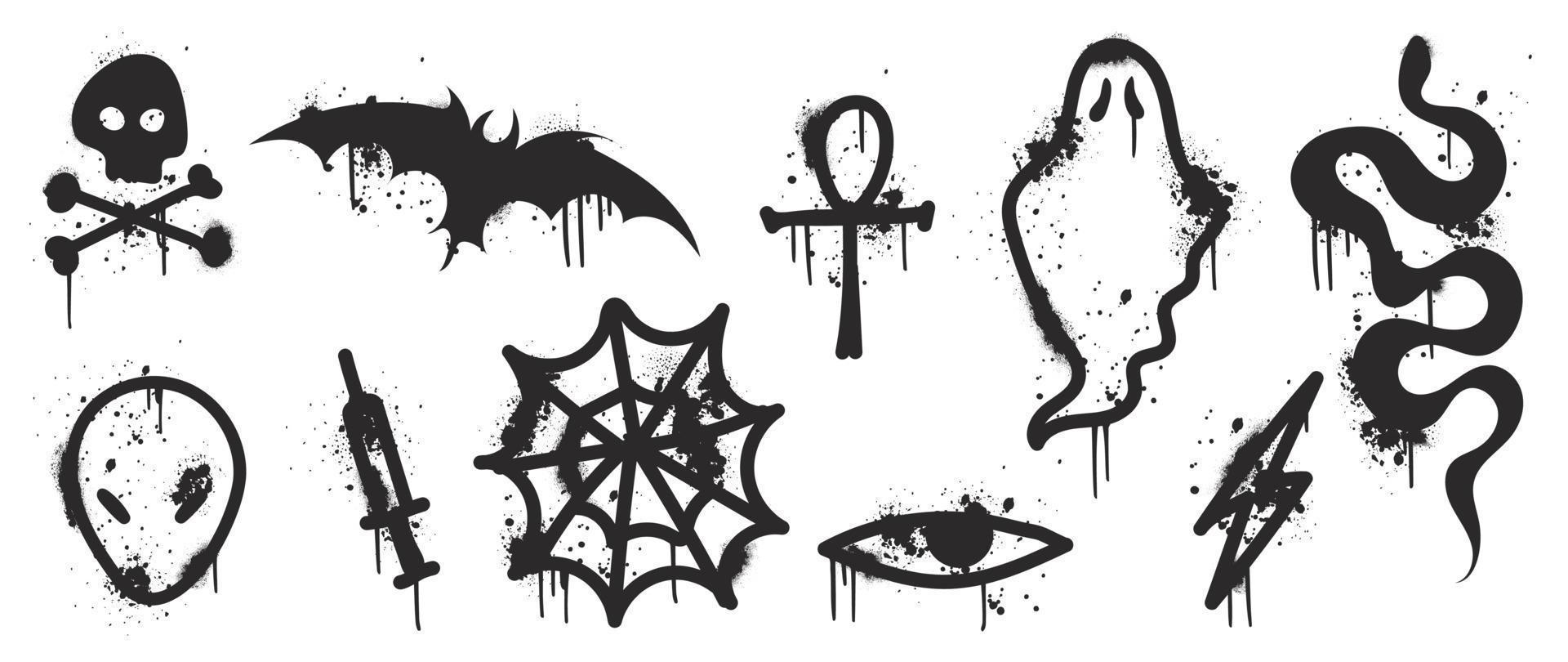 Set of graffiti spray pattern vector illustration. Collection of spray texture skull, bat, spider web, ghost, snake, lightning bolt. Elements on white background for banner, decoration, street art.