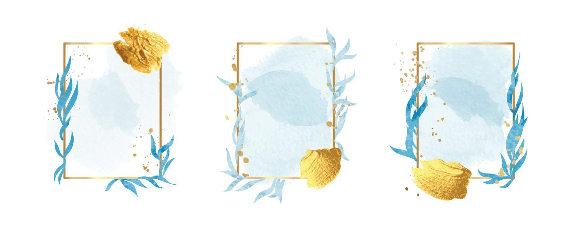 Set of luxury wedding frame element vector illustration. Watercolor leaf branch with golden square frame and glitter brush stroke texture. Design suitable for frame, invitation card, poster, banner.