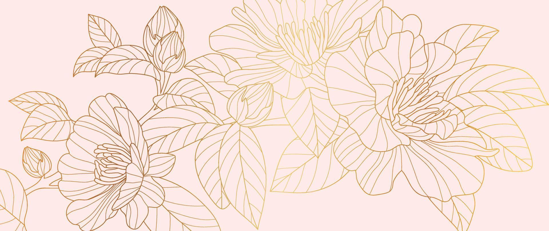 Luxury floral golden line art wallpaper. Elegant gradient gold wild rose flowers pattern background. Design illustration for decorative, card, home decor, invitation, packaging, print, cover, banner. vector