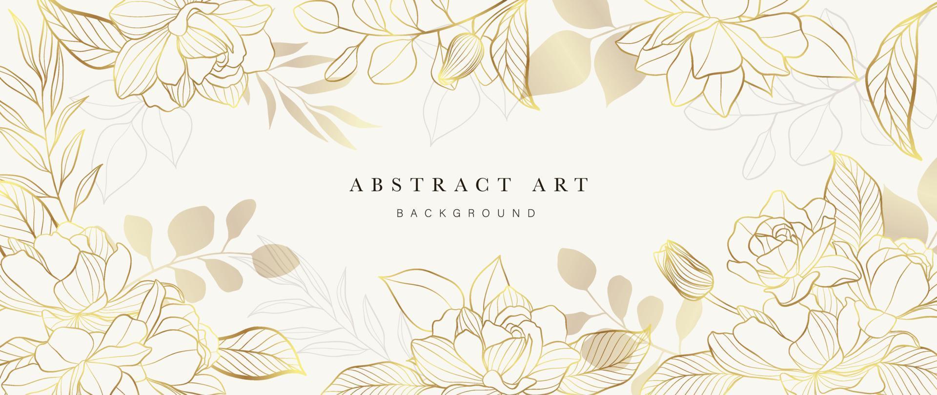 Luxury floral golden line art wallpaper. Elegant gradient gold rose flowers and eucalyptus leaf branch pattern background. Design for wedding card, frame, home decor, invitation, print, cover, banner. vector