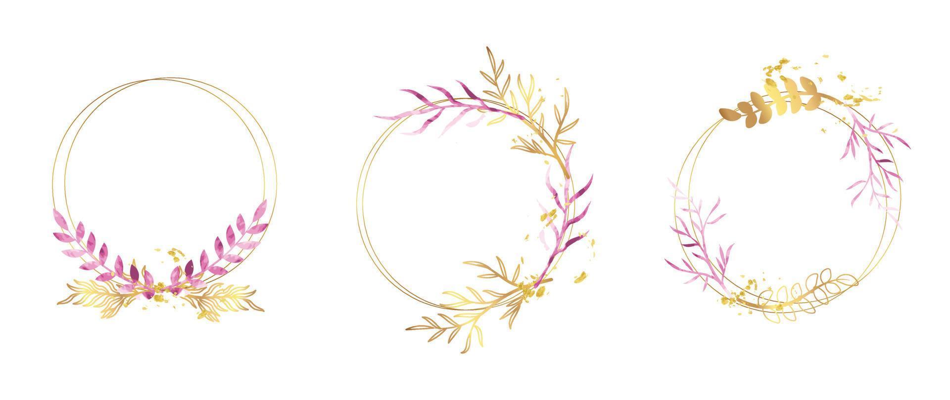 Set of luxury wedding frame element vector illustration. Watercolor and golden leaf branch with circle frame and brush stroke texture. Design suitable for frame, invitation card, poster, banner.