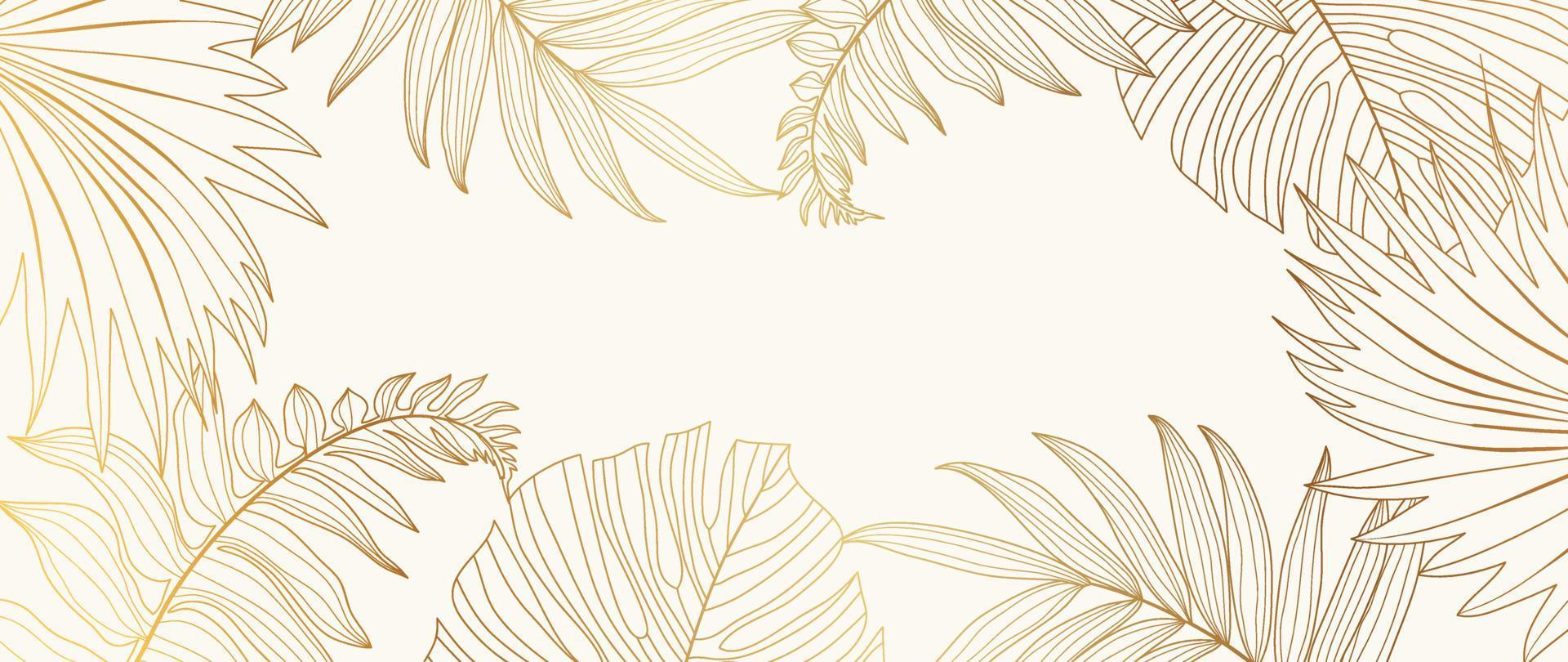 papel tapiz de arte de línea dorada de hoja botánica de lujo. monstera tropical y fondo de hoja de palma. ilustración de diseño para decoración, tarjeta, decoración del hogar, invitación, embalaje, impresión, portada, banner. vector