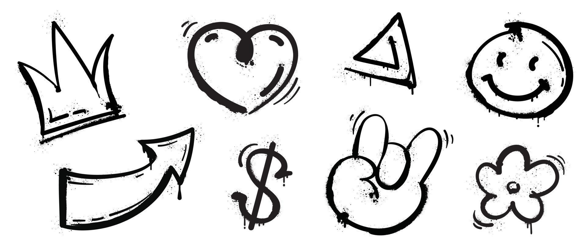 Set of graffiti spray pattern vector illustration. Collection of spray texture crown, heart, arrow, currency, flower, hand gesture. Elements on white background for banner, decoration, street art.