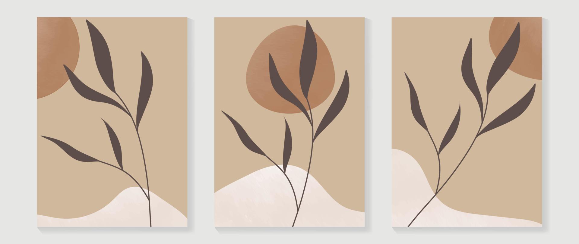 conjunto de ilustración de vector de arte de pared botánico abstracto. colección de rama de hoja natural y forma orgánica sobre fondo marrón. diseño adecuado para papel pintado, decoración casera, portada, tarjeta, afiche, pancarta.