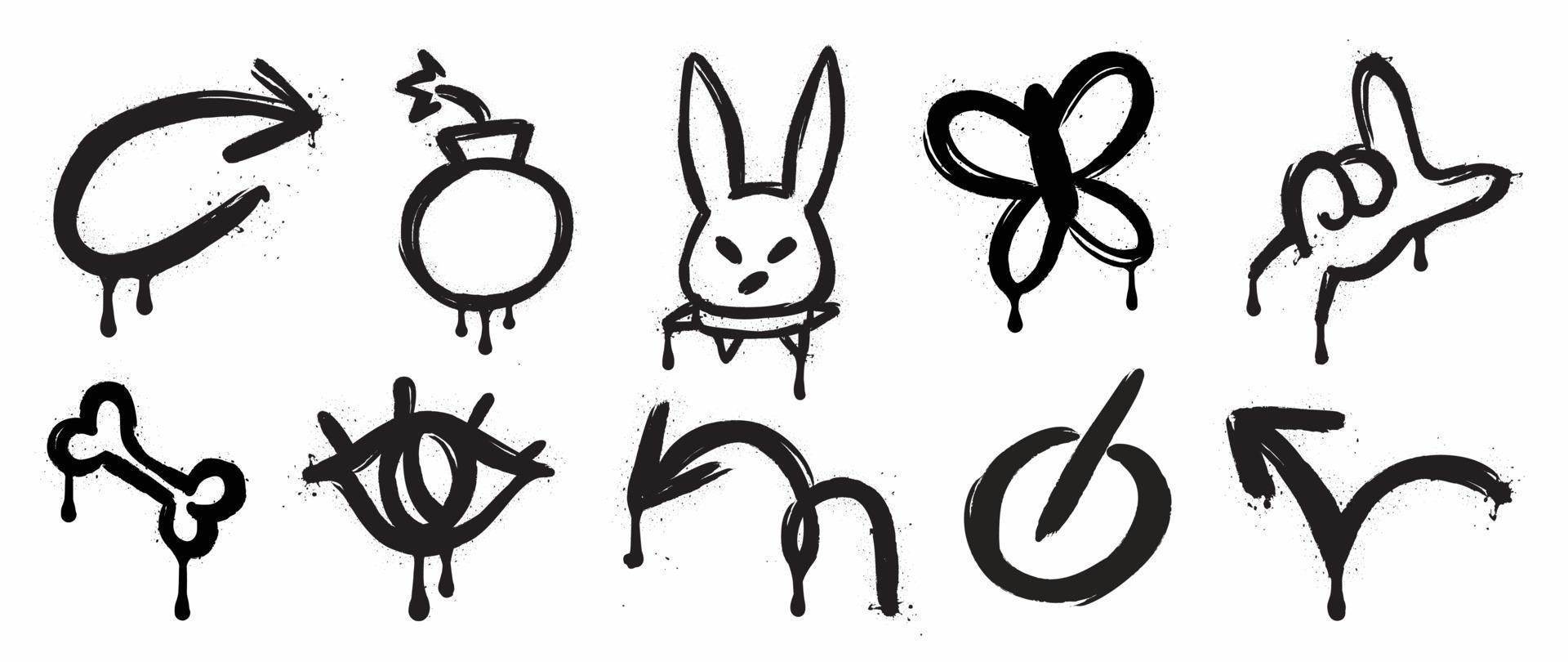 Set of graffiti spray pattern vector illustration. Collection of spray texture hand sign, arrow, bomb, rabbit, eye, bone, butterfly. Elements on white background for banner, decoration, street art.