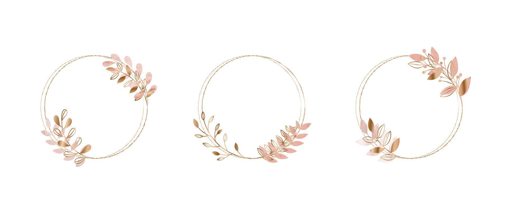 Set of luxury wedding frame element vector illustration. Watercolor and gradient gold leaf branch wreath with circle frame. Design suitable for wallpaper, frame, invitation card, poster, banner.