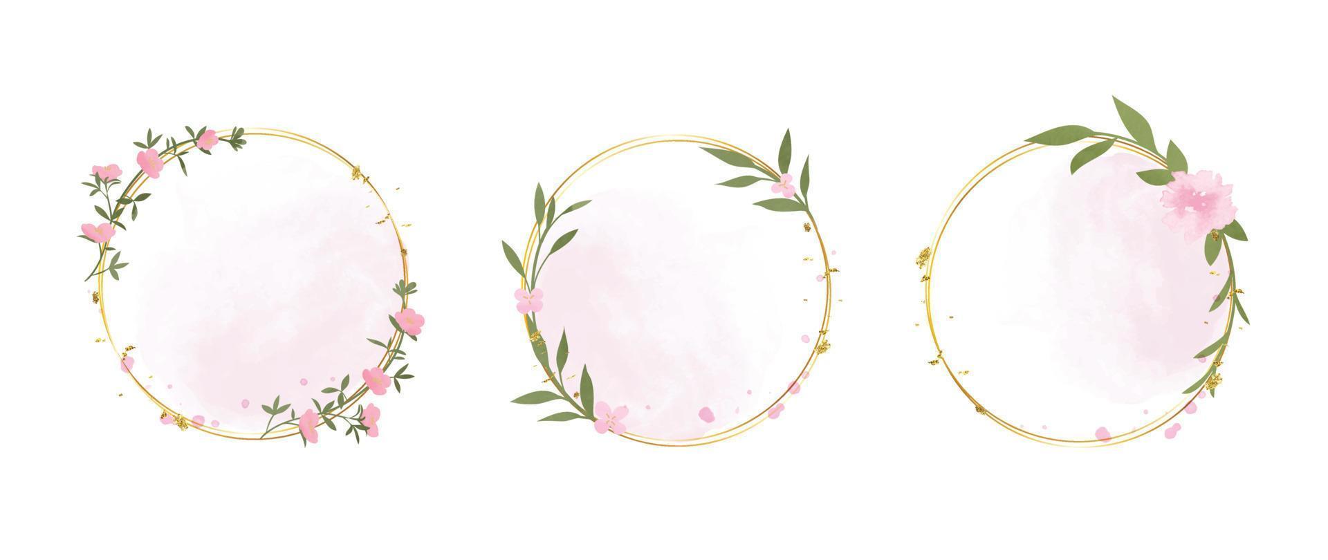 Set of luxury wedding frame element vector illustration. Watercolor floral leaf branch wreath with golden circle frame and brush stroke. Design suitable for frame, invitation card, poster, banner.