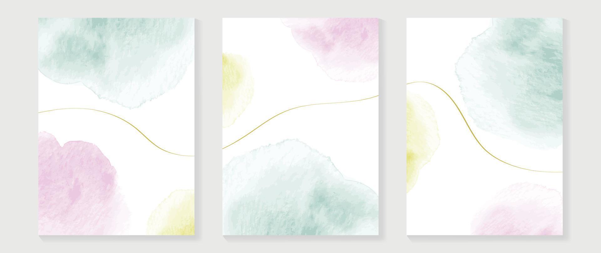 Set of abstract watercolor wall art vector illustration. Collection of watercolor brush paint and gold line background. Abstract art design suitable for wallpaper, home decoration, cover, poster.