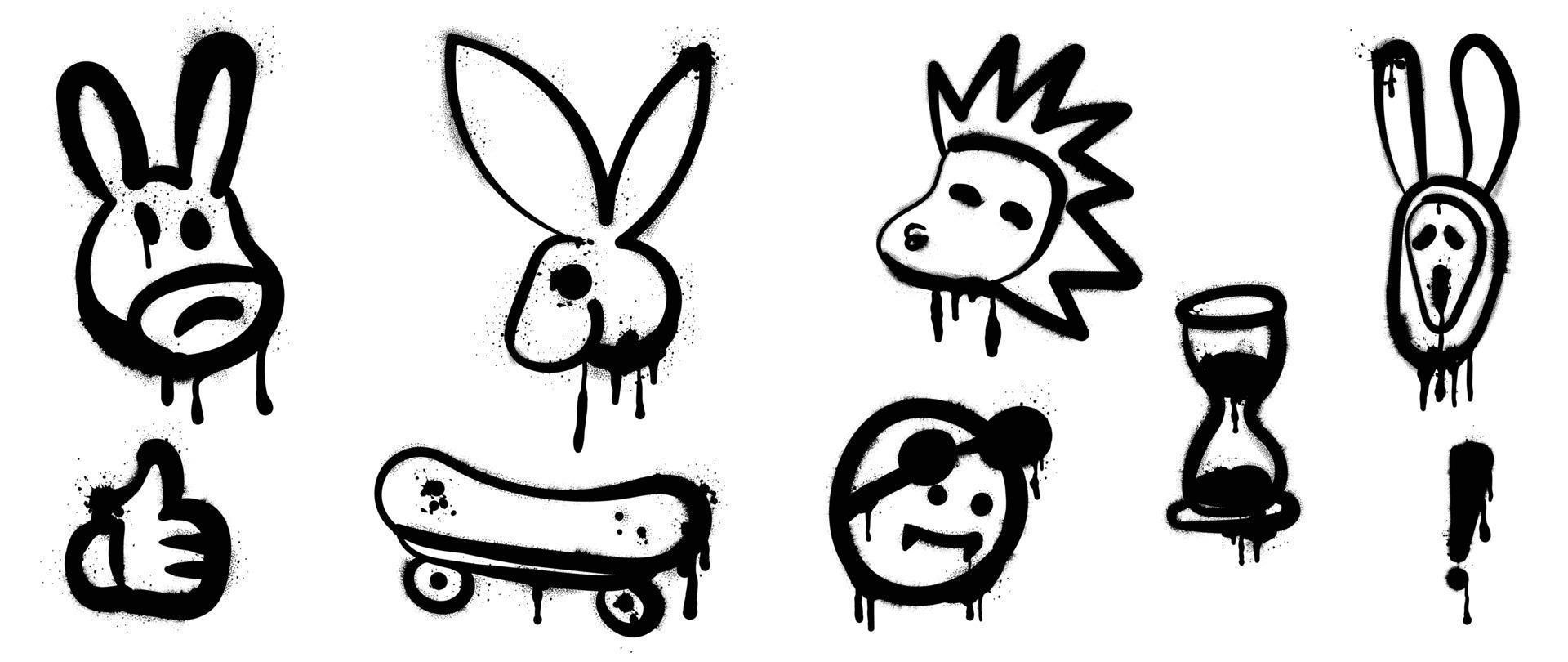 Set of graffiti spray pattern vector illustration. Collection of spray texture spooky animal mask, rabbit, lion, thumb up, skateboard. Elements on white background for banner, decoration, street art.