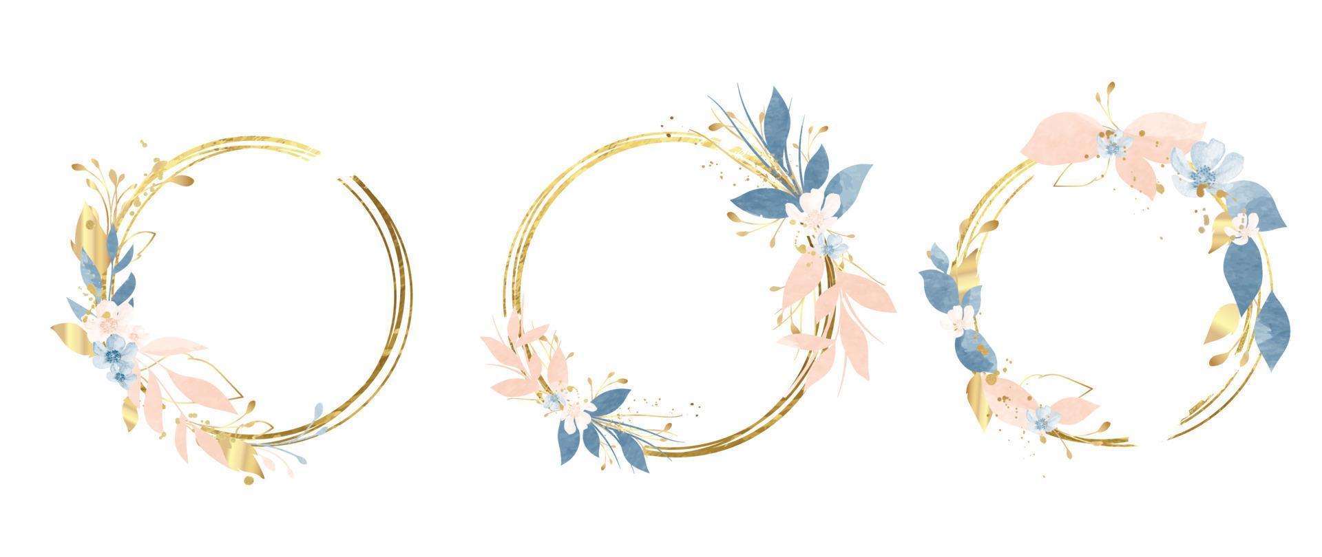 Set of luxury wedding frame element vector illustration. Watercolor floral leaf branch wreath with golden circle frame and brush stroke. Design suitable for frame, invitation card, poster, banner.