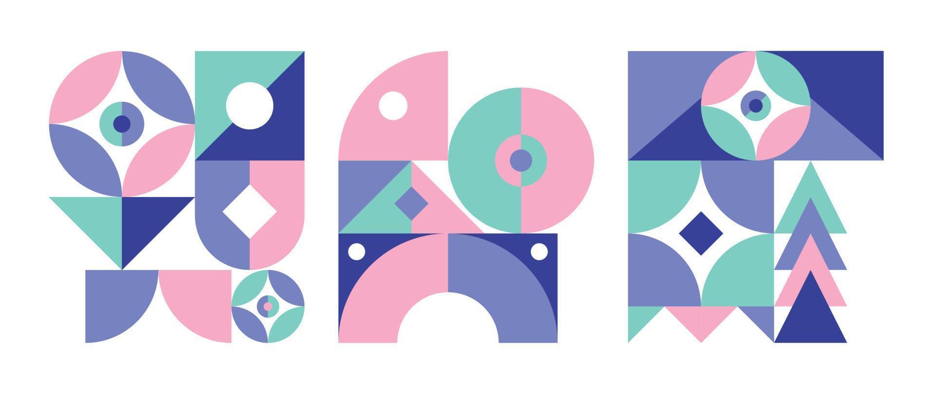 conjunto de elementos de patrón geométrico en estilo de mediados de siglo. círculo abstracto retro, forma cuadrada y triangular con color azul, rosa, verde pastel. diseño moderno para portada, tarjeta de visita, afiche, arte mural. vector