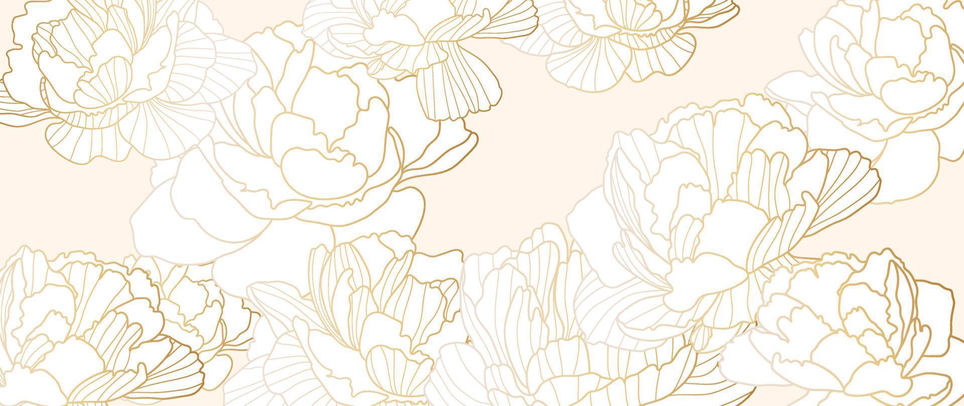 Luxury floral golden line art wallpaper. Elegant gradient gold peony flowers pattern background. Design illustration for decorative, card, home decor, invitation, packaging, print, cover, banner. vector